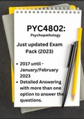 PYC4802: Psychopathology Exam Pack -  Past Exams 2017 to Jan 2023 - Detailed Answers Provided (multiple approaches to answering) Perfect for Assignments and Exam Preparations!